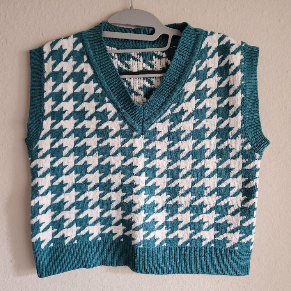 Teal and White Houndstooth V-Neck Sweater Vest